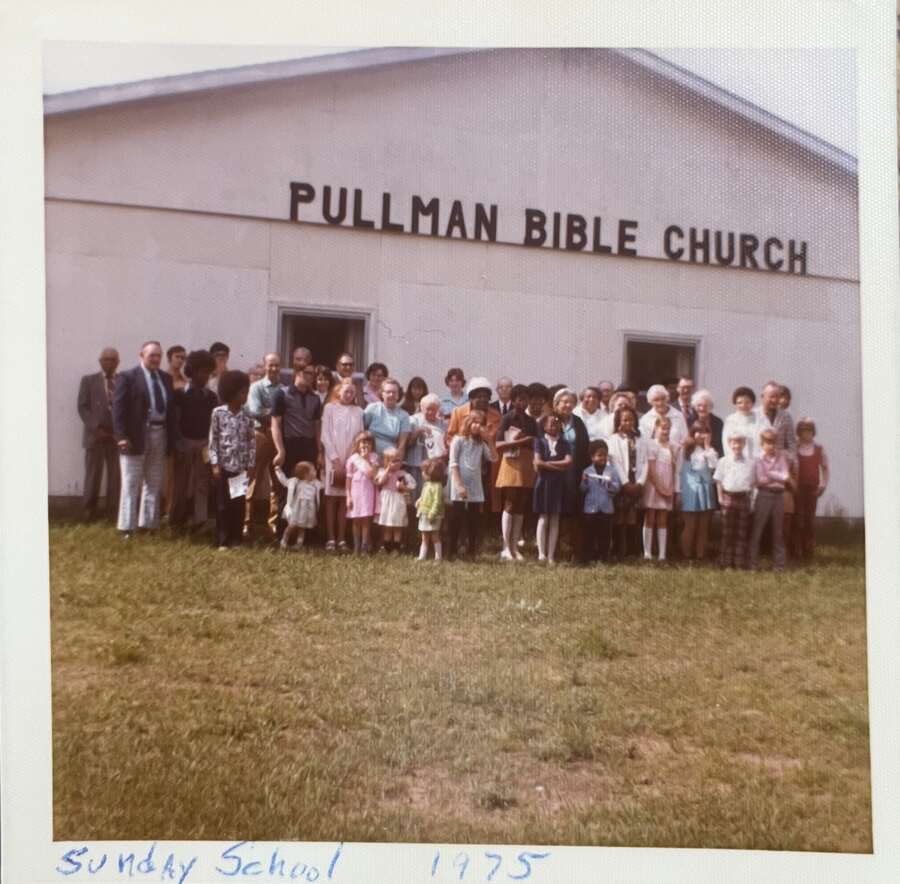 Vintage photo of the Pullman Bible Church Sunday School in front of the church in 1975