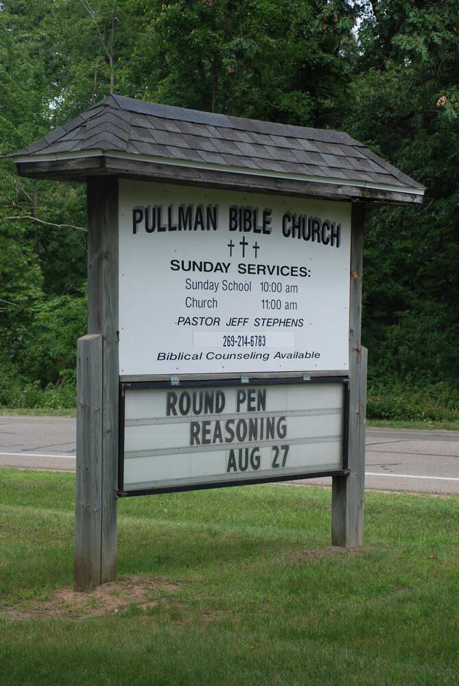 Pullman Bible Church sign announcing Round Pen Reasoning on August 27