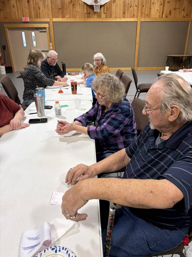 Smiling players around a table during game night